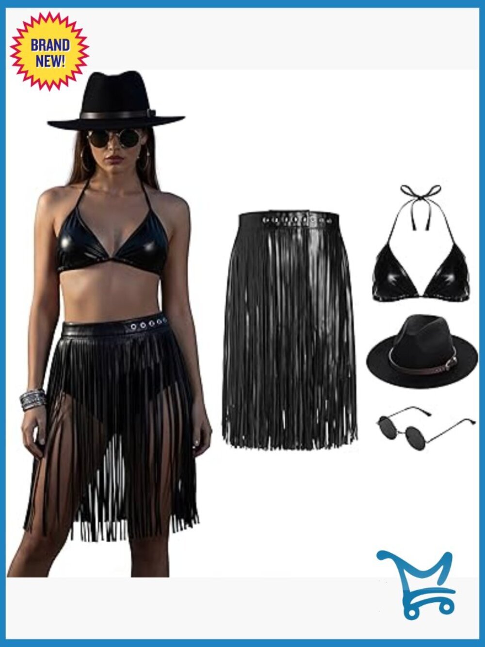 4pc Cowgirl Costume Set Fringe Hat Bikini Dress Glasses Bachelorette Party